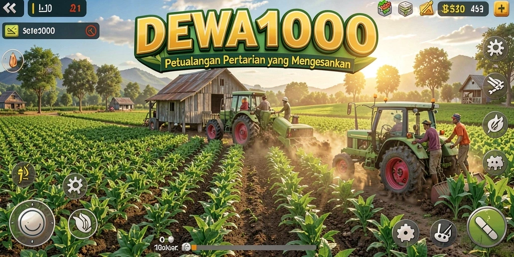 Screenshot gameplay DEWA1000 menampilkan lahan pertanian yang indah dan interaksi hewan.
