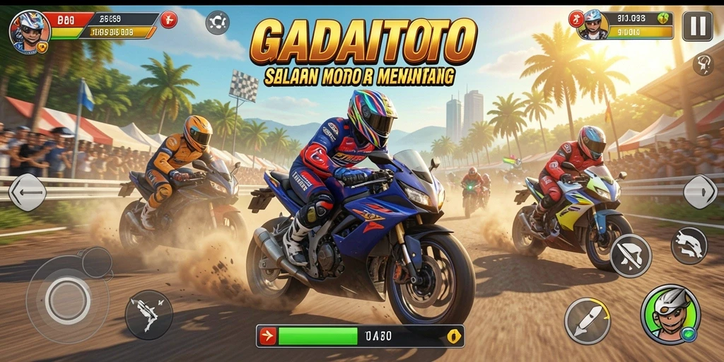 Gameplay seru dalam GADAITOTO dengan balapan motor yang mendebarkan.