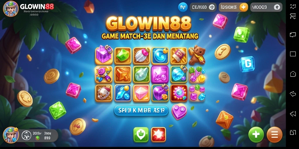Tampilan gameplay GLOWIN88 dengan warna-warni permata yang ceria dalam permainan Match-3.