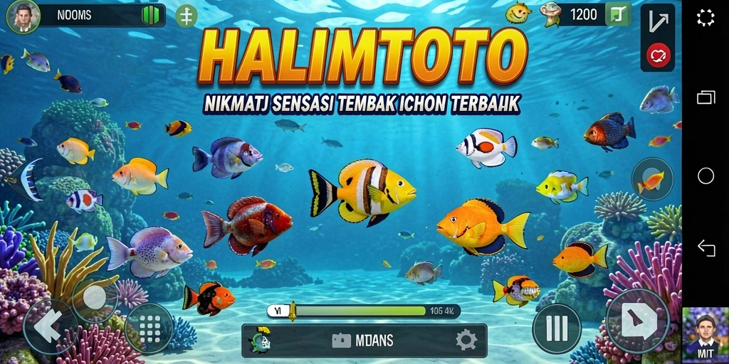 Screenshot utama HALIMTOTO menampilkan aksi seru menembak ikan.
