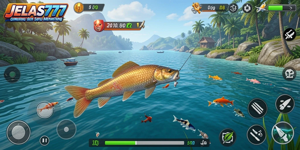 Tampilan gameplay JELAS777 yang menarik saat memancing ikan.