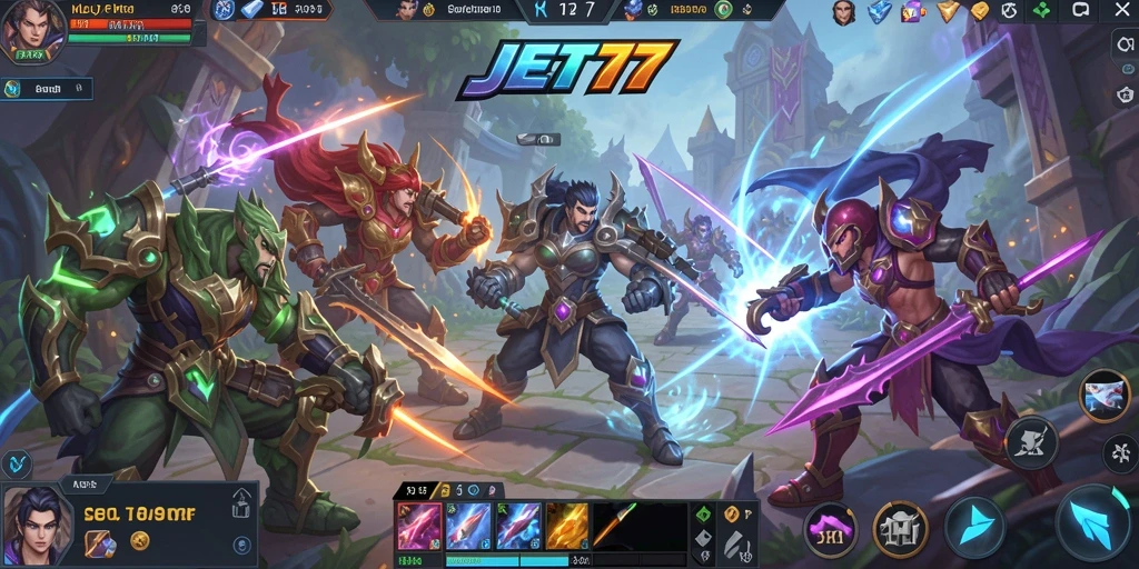 Tangkapan layar gameplay JET77 menampilkan aksi seru dalam pertarungan tim MOBA.