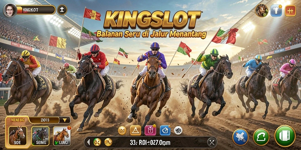 Tangkapan layar KINGSLOT menampilkan aksi balapan mendebarkan di lintasan.