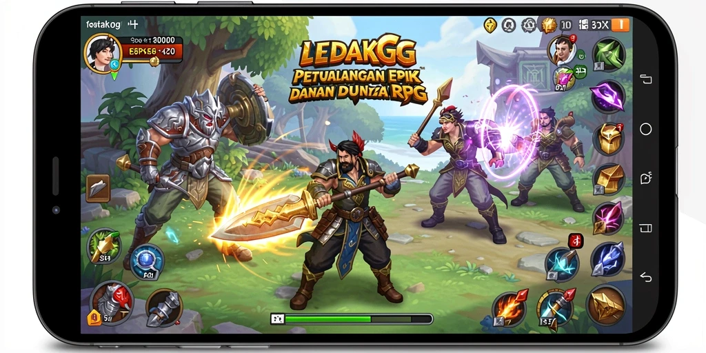 Tangkapan layar gameplay LEDAKGG menampilkan pertarungan seru di dunia fantasi.