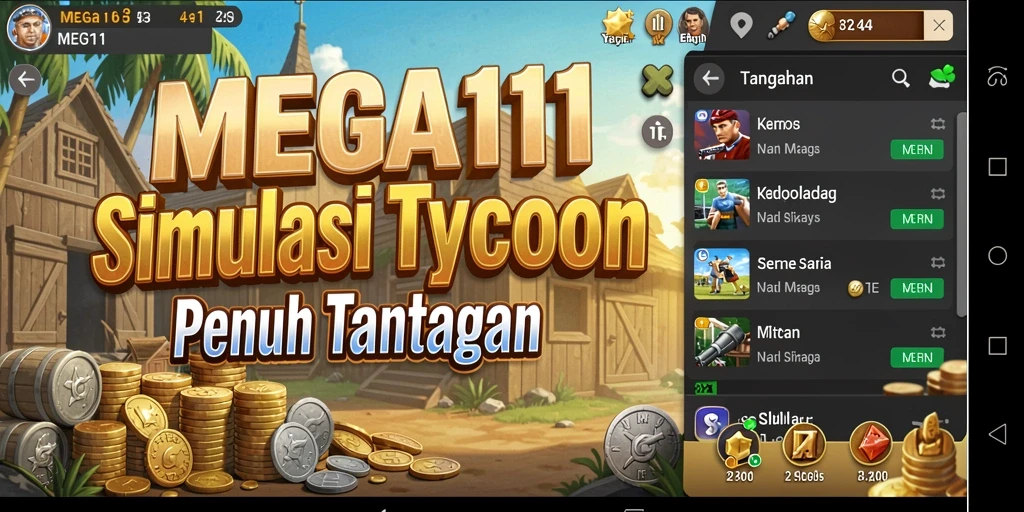 Tangkapan layar gameplay MEGA111 yang menampilkan strategi bisnis.