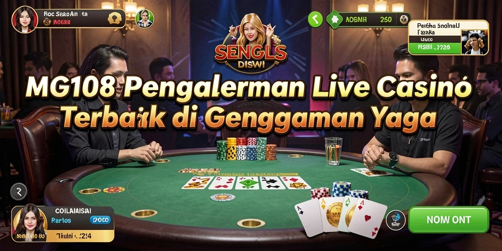 Screenshot utama MG108 menunjukkan dealer dan permainan Live Casino yang menegangkan.
