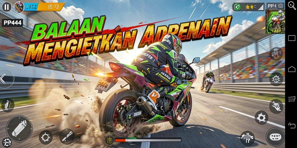 Tangkapan layar gameplay PP444 menunjukkan balapan motor yang mendebarkan.