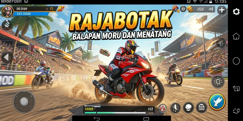 Screenshot utama RAJABOTAK menampilkan aksi balapan motor yang mendebarkan.