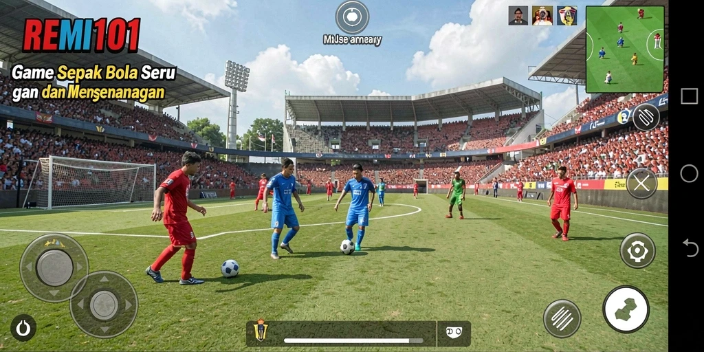 Tampilan gameplay utama REMI101 menampilkan aksi sepak bola yang mendebarkan.