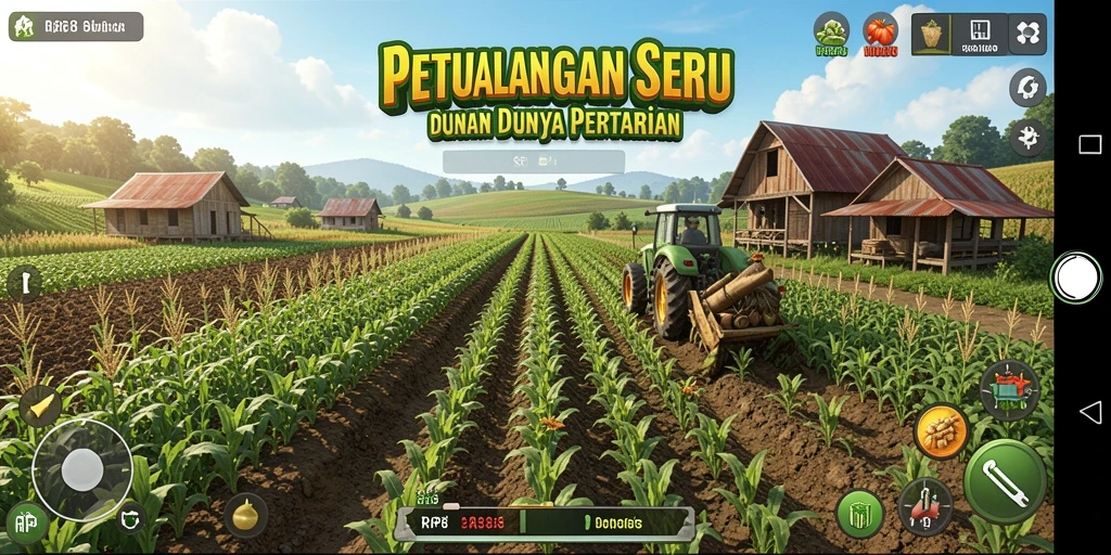 Gameplay seru RP8 yang menampilkan kebun yang hijau dan hewan ternak.